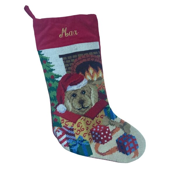 Vintage Needlepoint Christmas Stocking Yellow Lab Doodle Dog Monogram Max - Picture 1 of 7